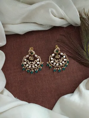 Opulent Victorian Peacock Studded Chandbali Earrings with Moissanite Stones