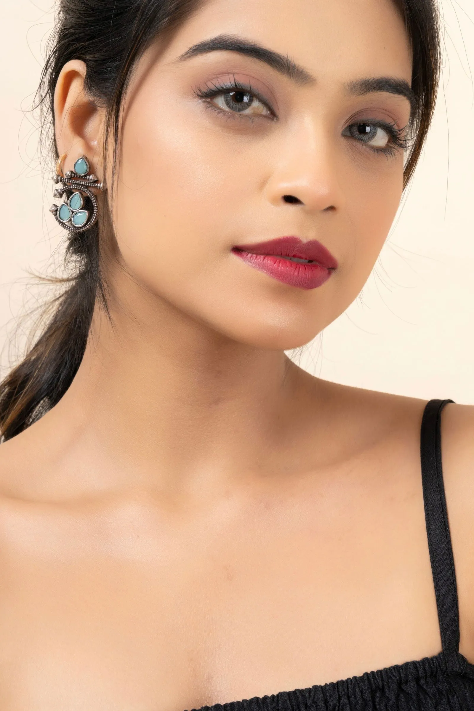 Oxidized Silver Designer Aqua Stud Earrings with Elegant Gemstone for Daily and Occasion Wear