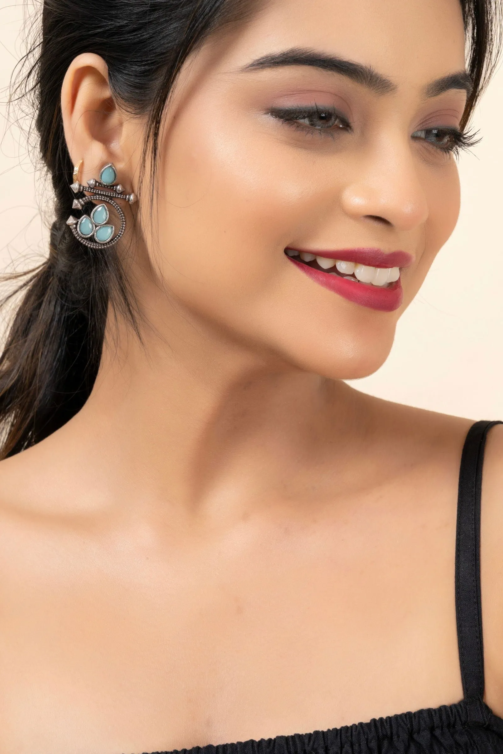 Oxidized Silver Designer Aqua Stud Earrings with Elegant Gemstone for Daily and Occasion Wear