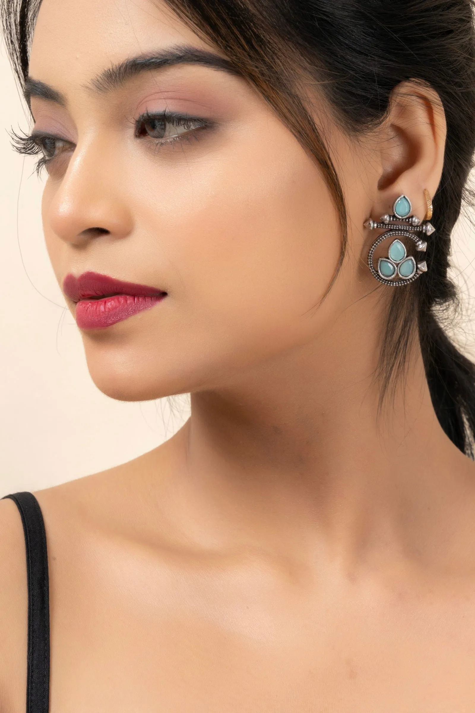 Oxidized Silver Designer Aqua Stud Earrings with Elegant Gemstone for Daily and Occasion Wear