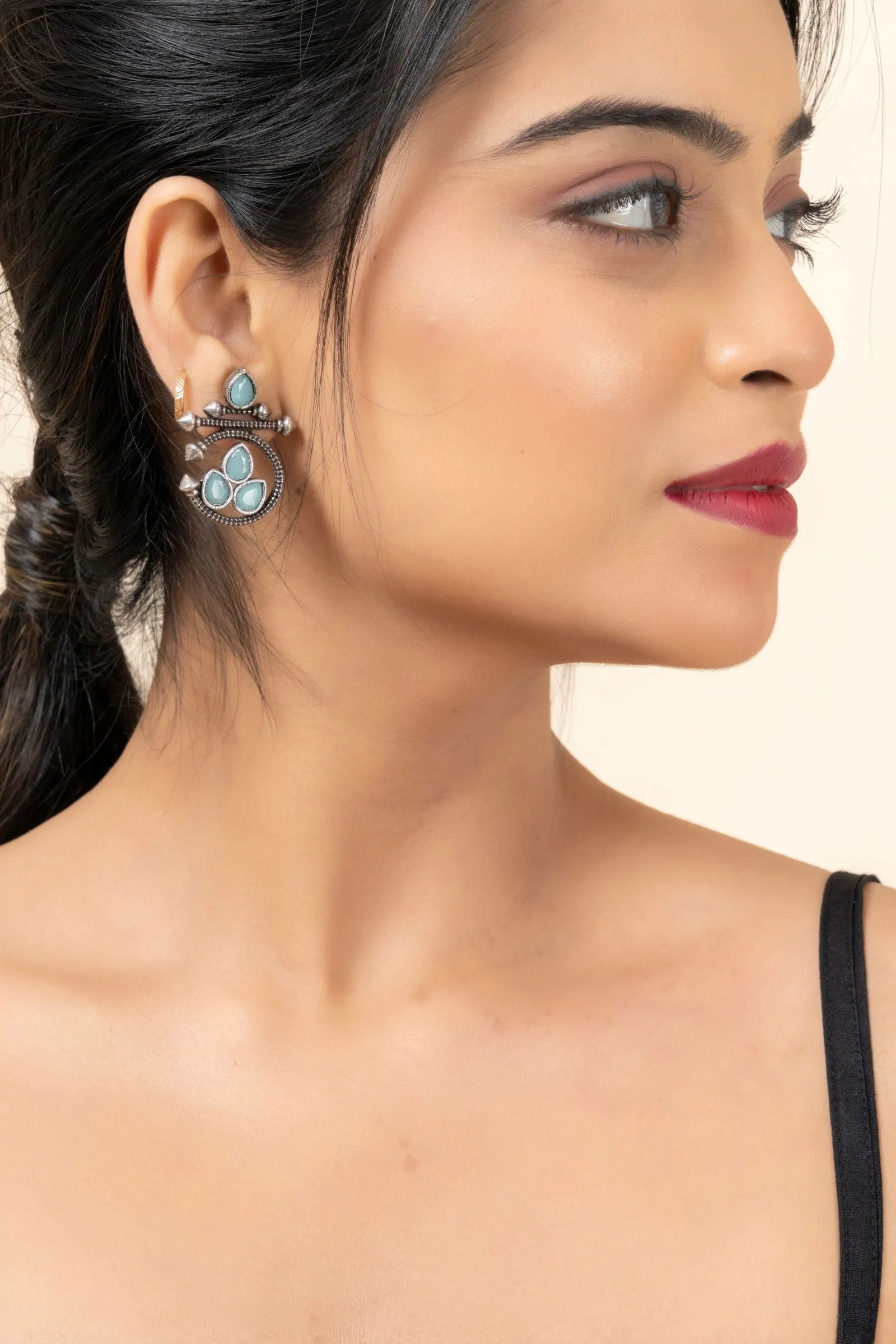 Oxidized Silver Designer Aqua Stud Earrings with Elegant Gemstone for Daily and Occasion Wear