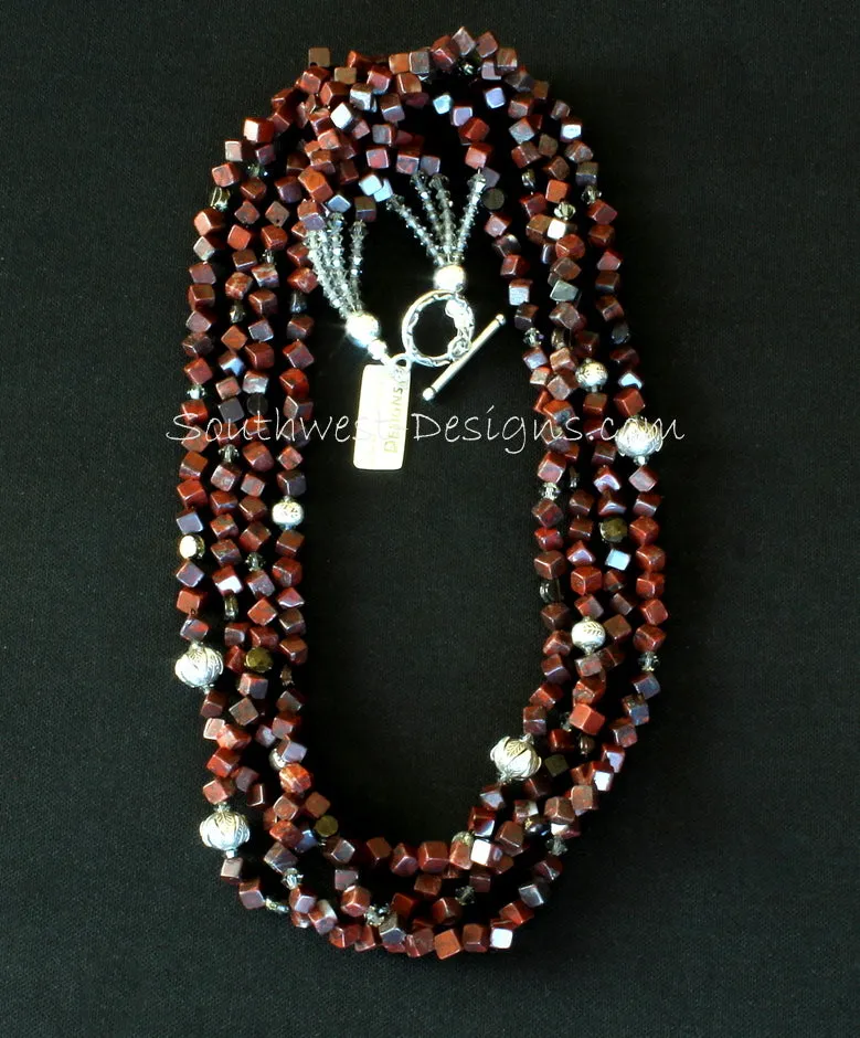 Rainbow Brecciated Jasper Cube 4-Strand Necklace with Czechoslovakian Nailheads, Swarovski Crystal, and Ornate Sterling Silver