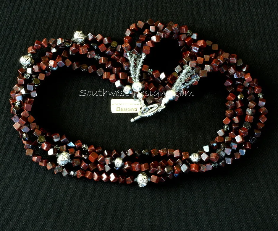 Rainbow Brecciated Jasper Cube 4-Strand Necklace with Czechoslovakian Nailheads, Swarovski Crystal, and Ornate Sterling Silver