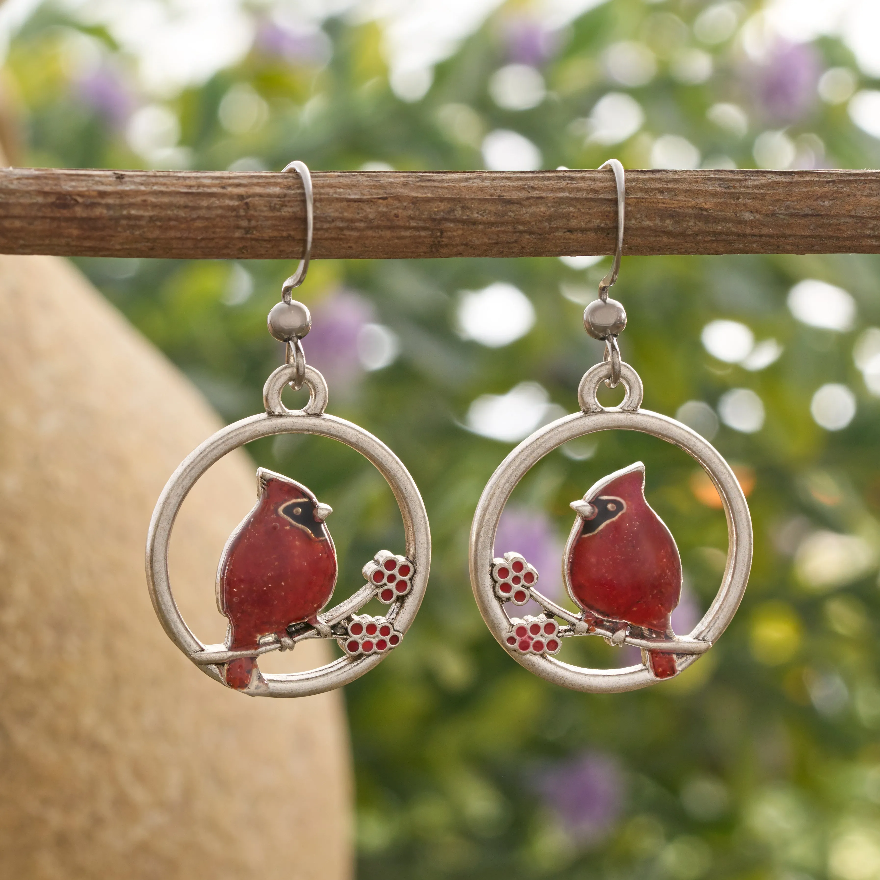 Red Glass Cardinal Holly Branch Earrings