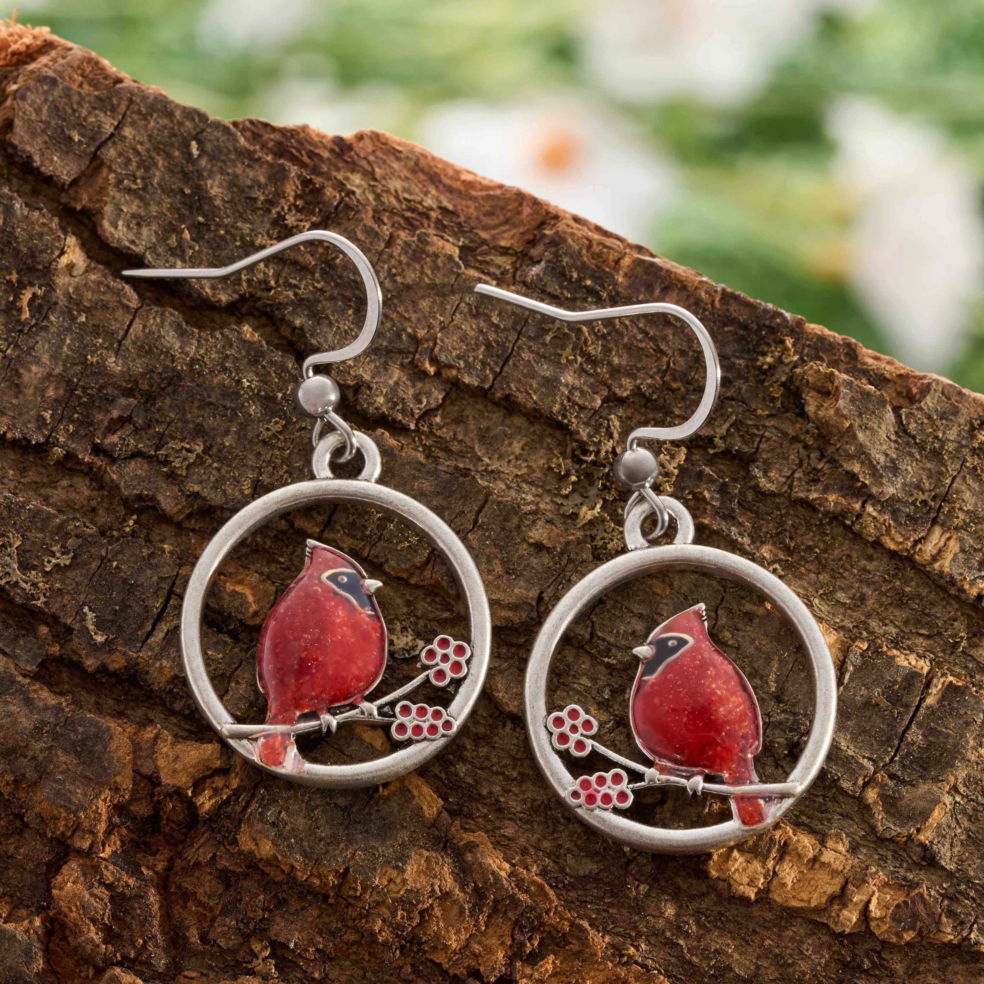 Red Glass Cardinal Holly Branch Earrings