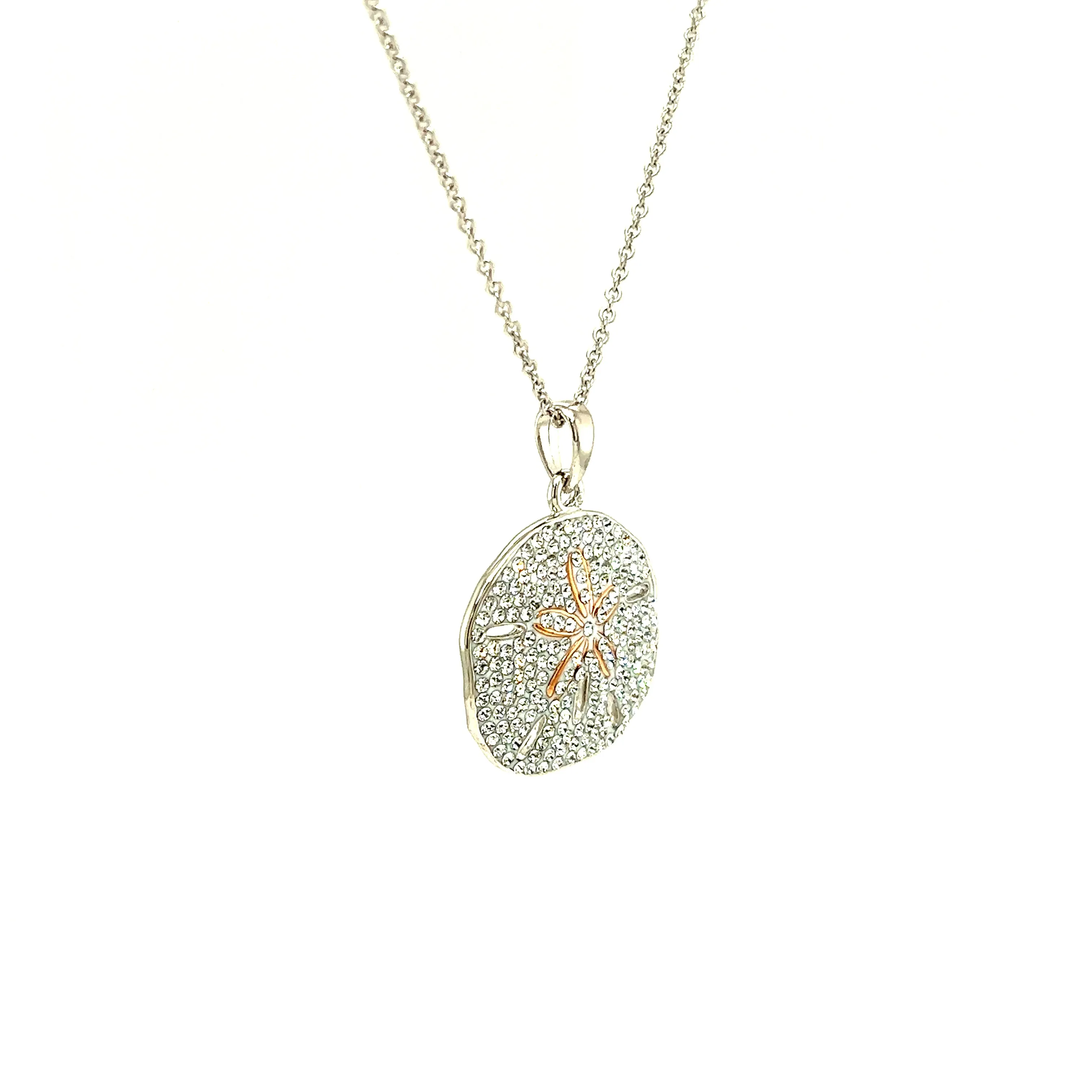 Sand Dollar Necklace with White Crystals and Rose Gold Plating in Sterling Silver