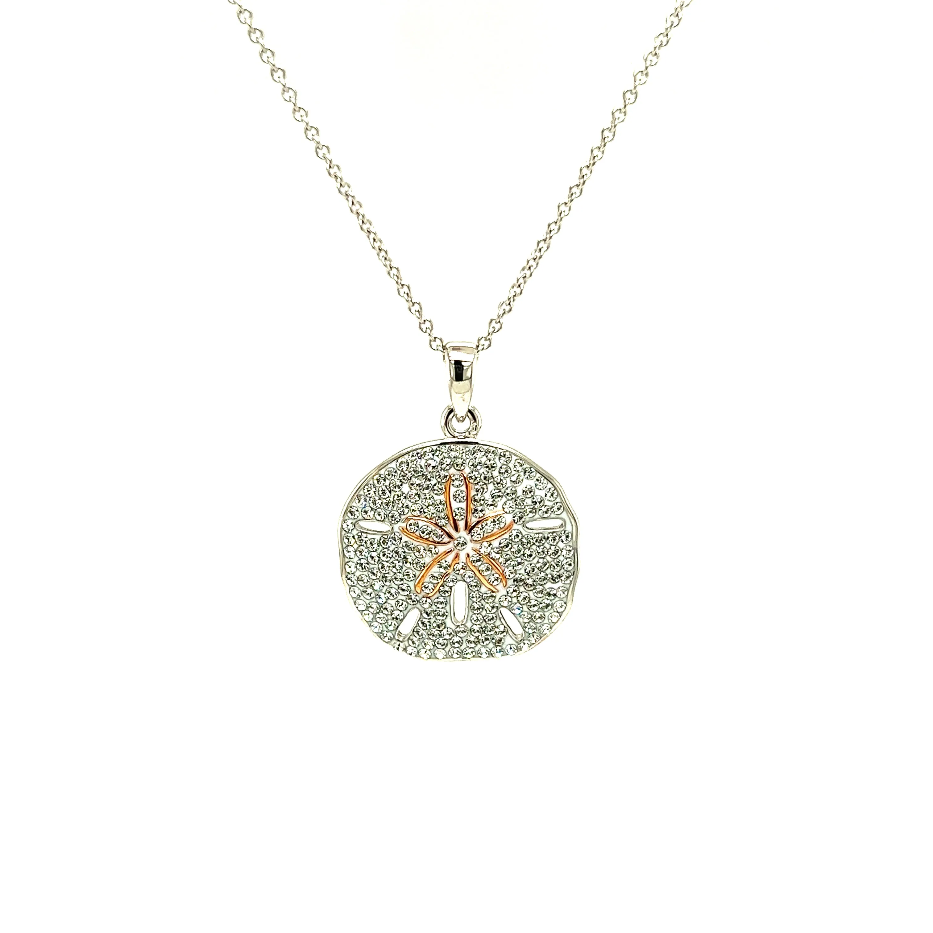 Sand Dollar Necklace with White Crystals and Rose Gold Plating in Sterling Silver