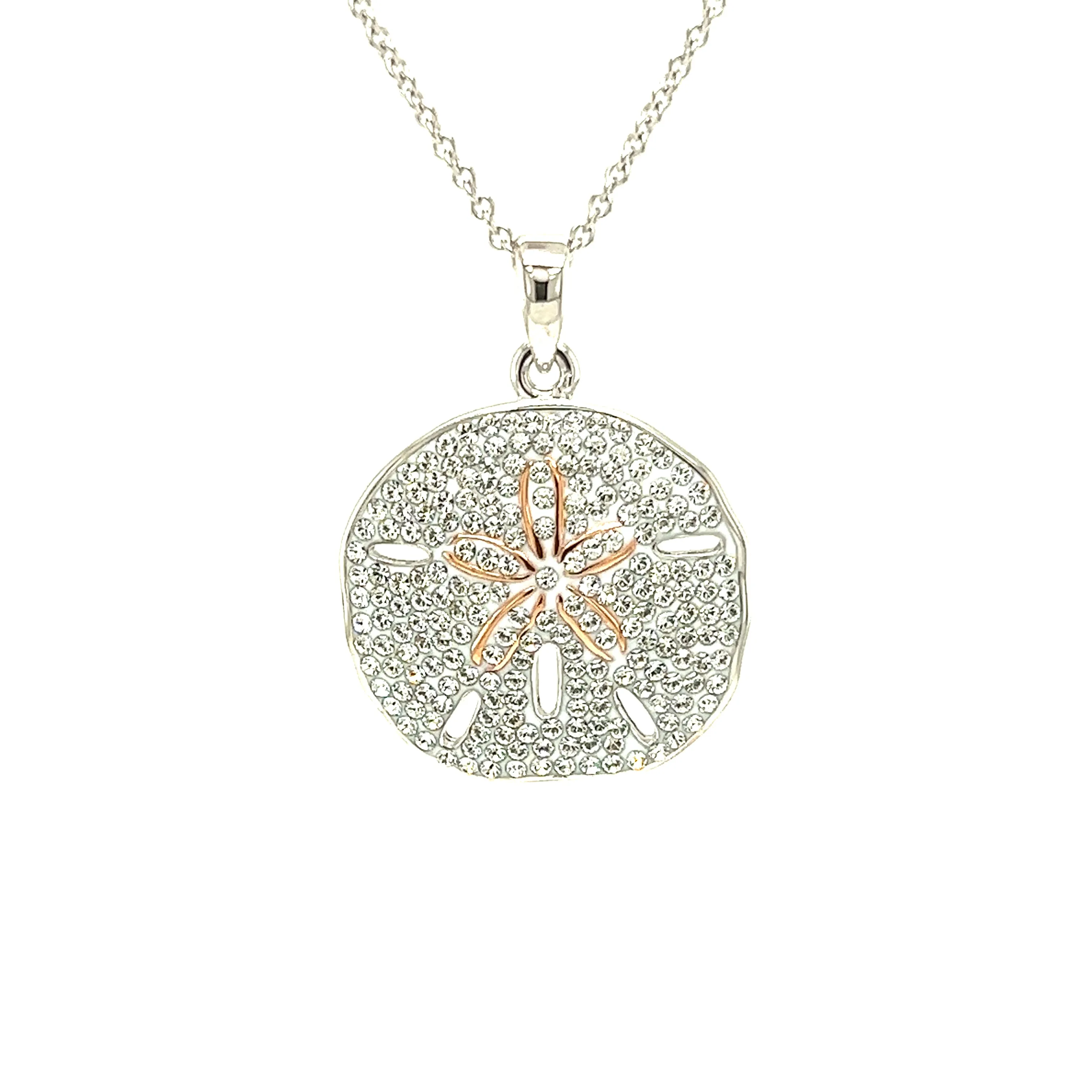 Sand Dollar Necklace with White Crystals and Rose Gold Plating in Sterling Silver