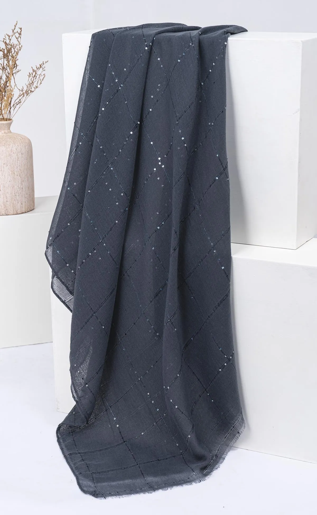 Sequins Grid Hijabs  - Charcoal