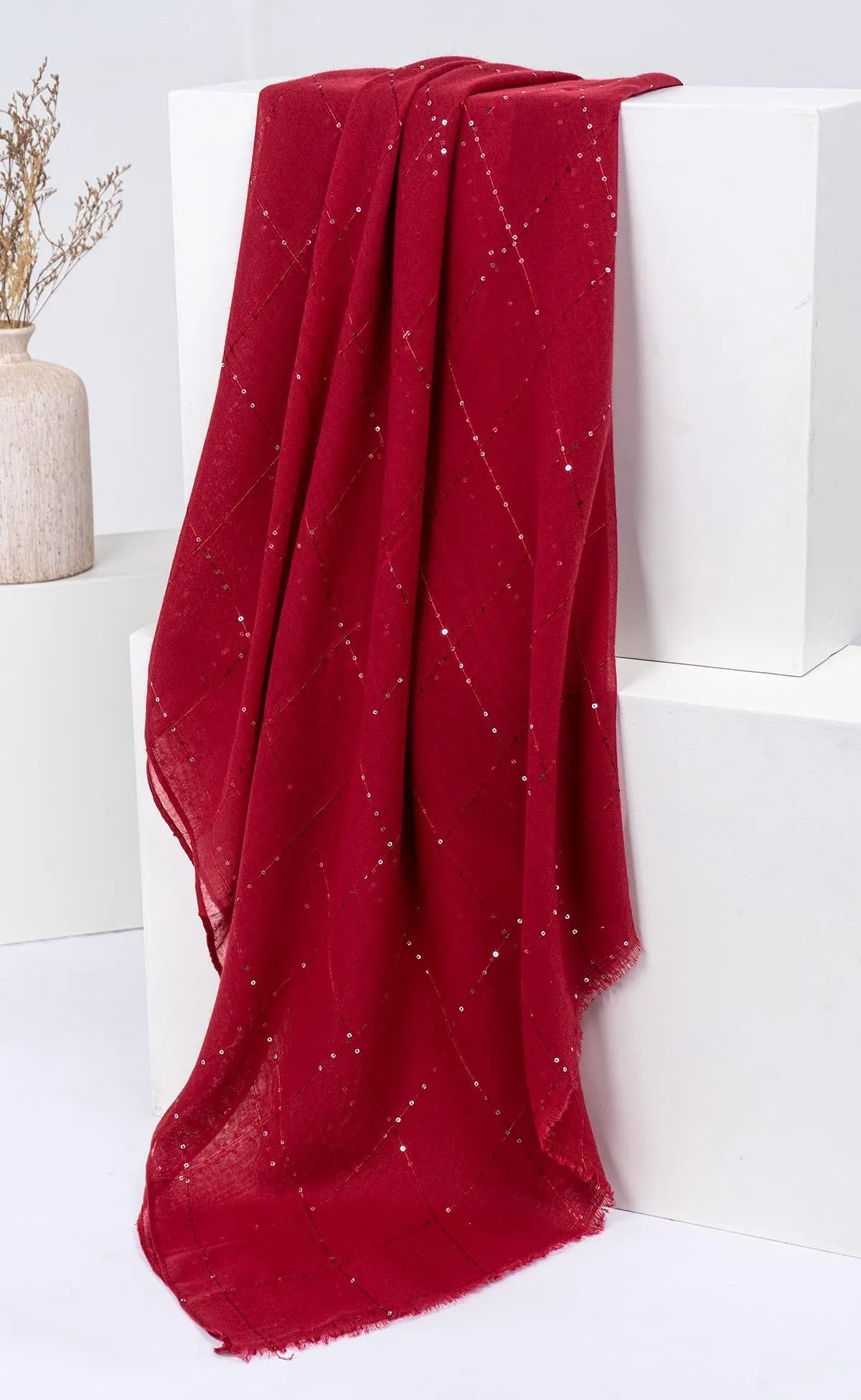 Sequins Grid Hijabs - Cherry