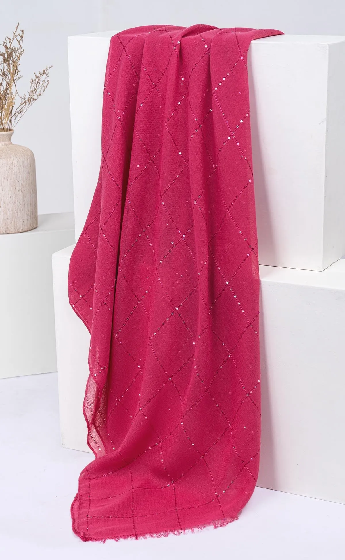 Sequins Grid Hijabs  - Hot Pink