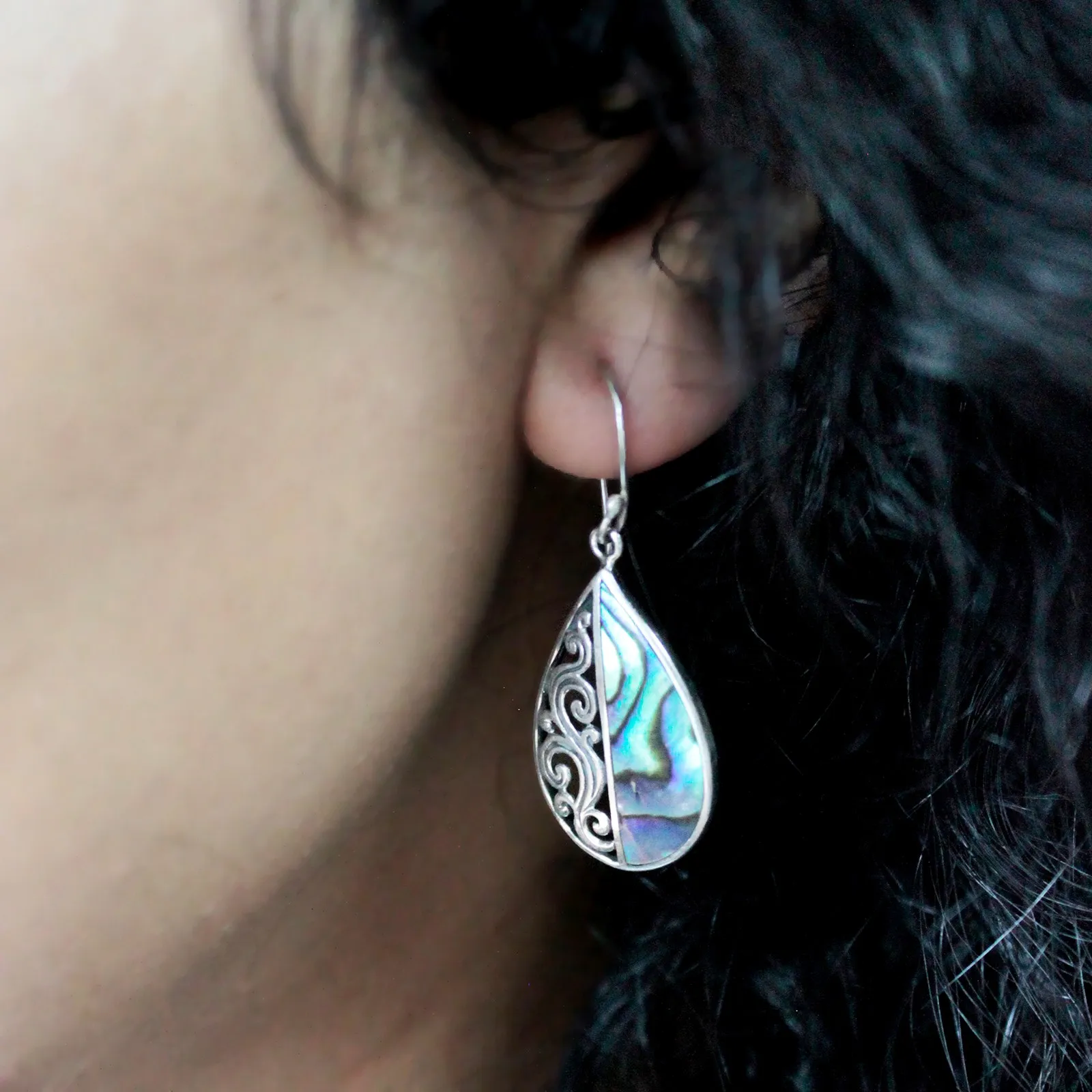 Shell & Silver Earrings - Three Hearts Abalone - Handcrafted 925 Silver - Unique Balinese Design