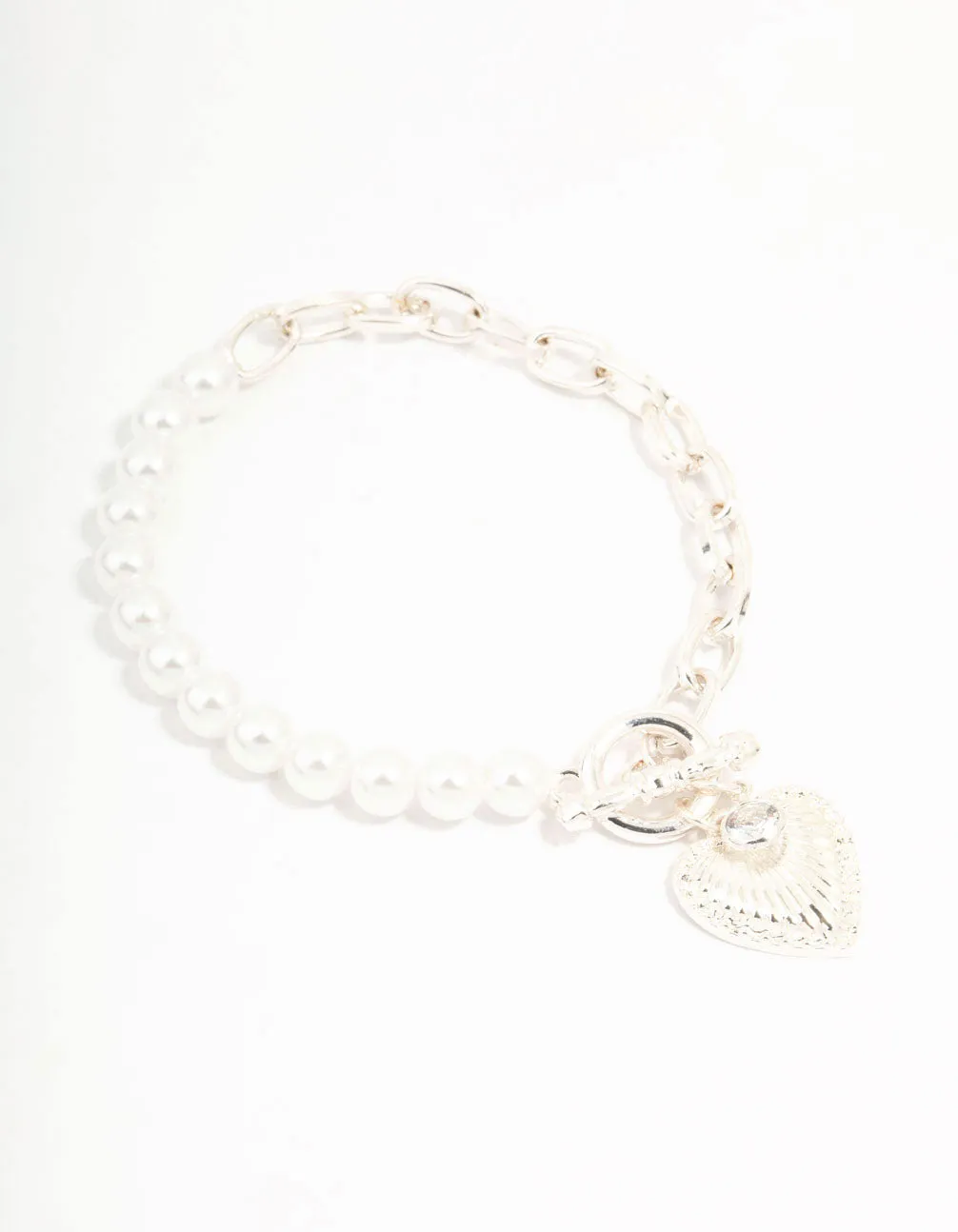 Silver Chain Pearl Heart T & O Bracelet