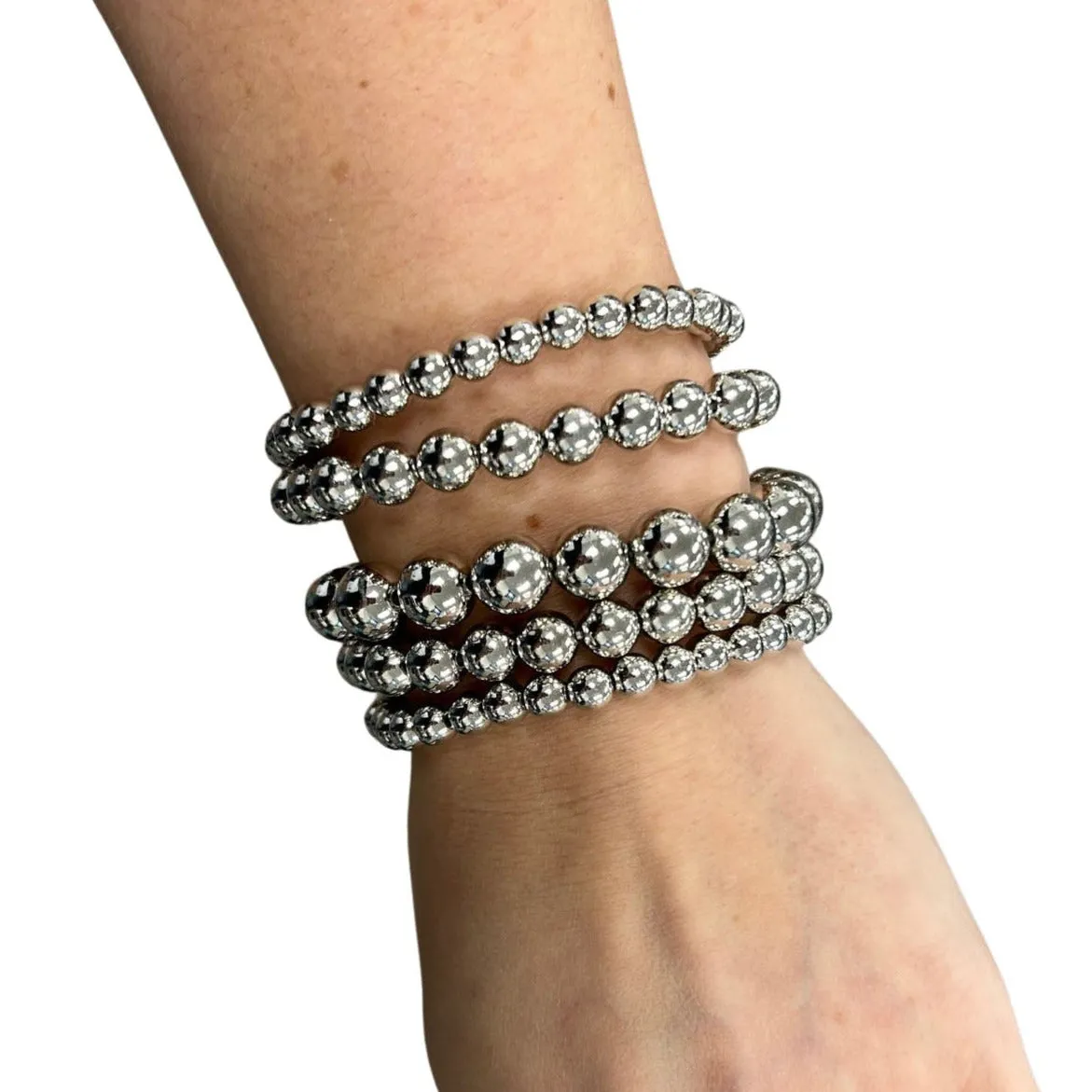 Silver Round Beaded Stretch Bracelet - In 3 Sizes