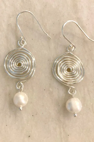 Silver Spiral Earrings with Pearl Drop | Whimsical Elegance | By Pearly Girls