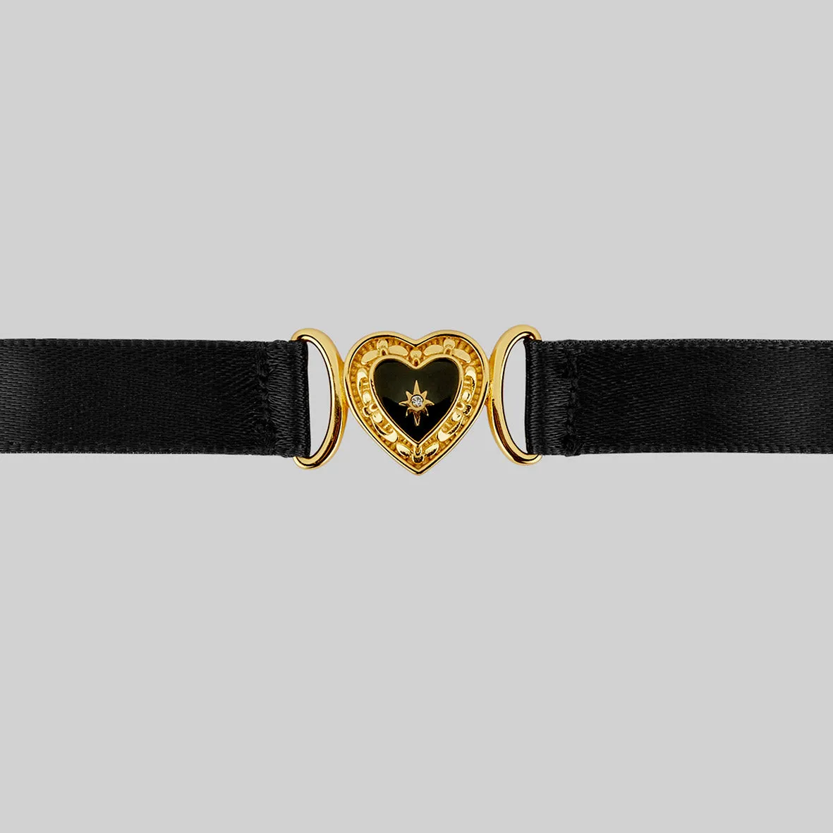 SOLEMN. Black Enamel Heart Satin Choker - Gold