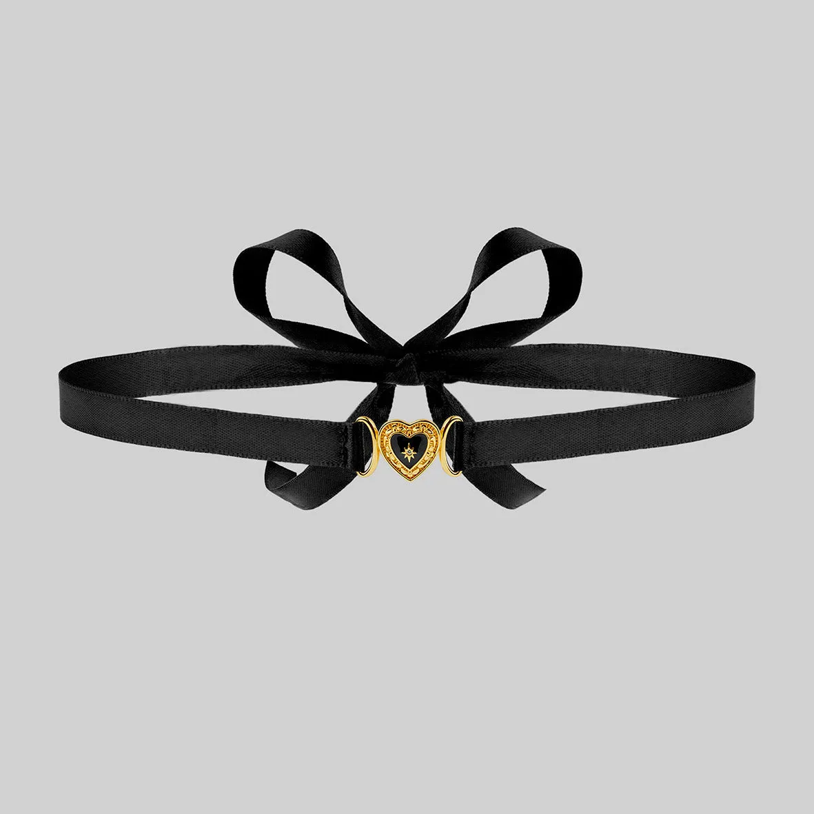 SOLEMN. Black Enamel Heart Satin Choker - Gold