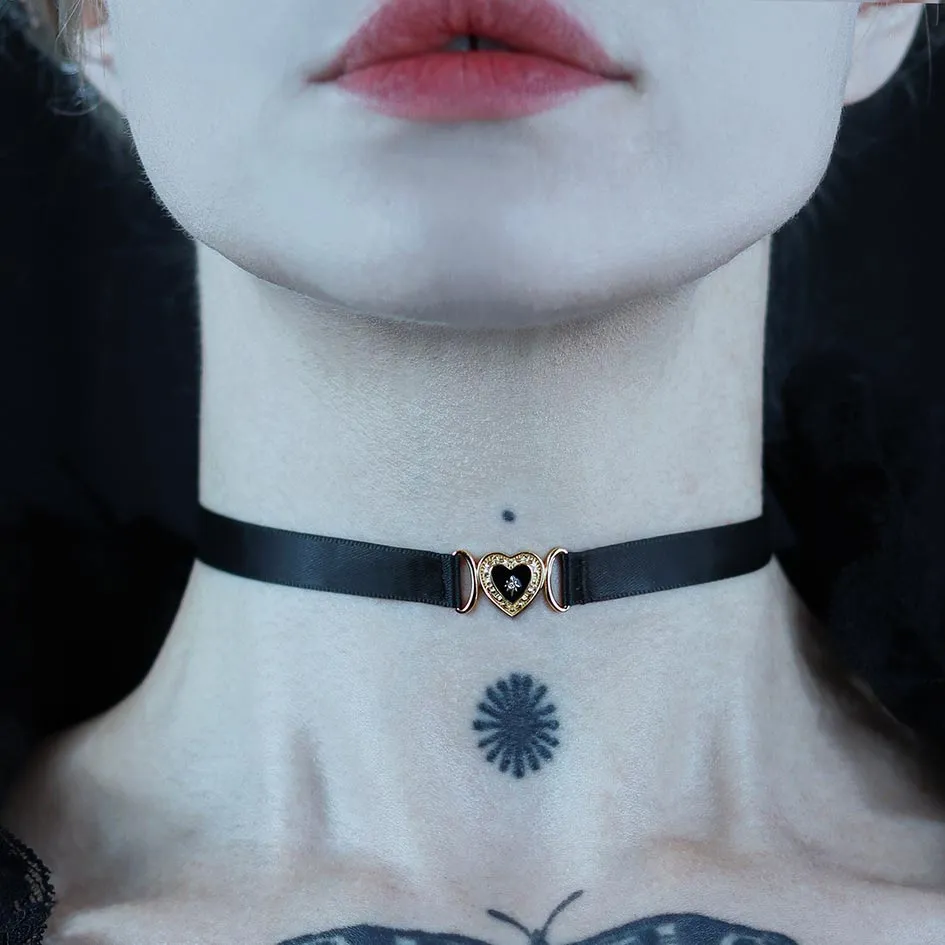 SOLEMN. Black Enamel Heart Satin Choker - Gold