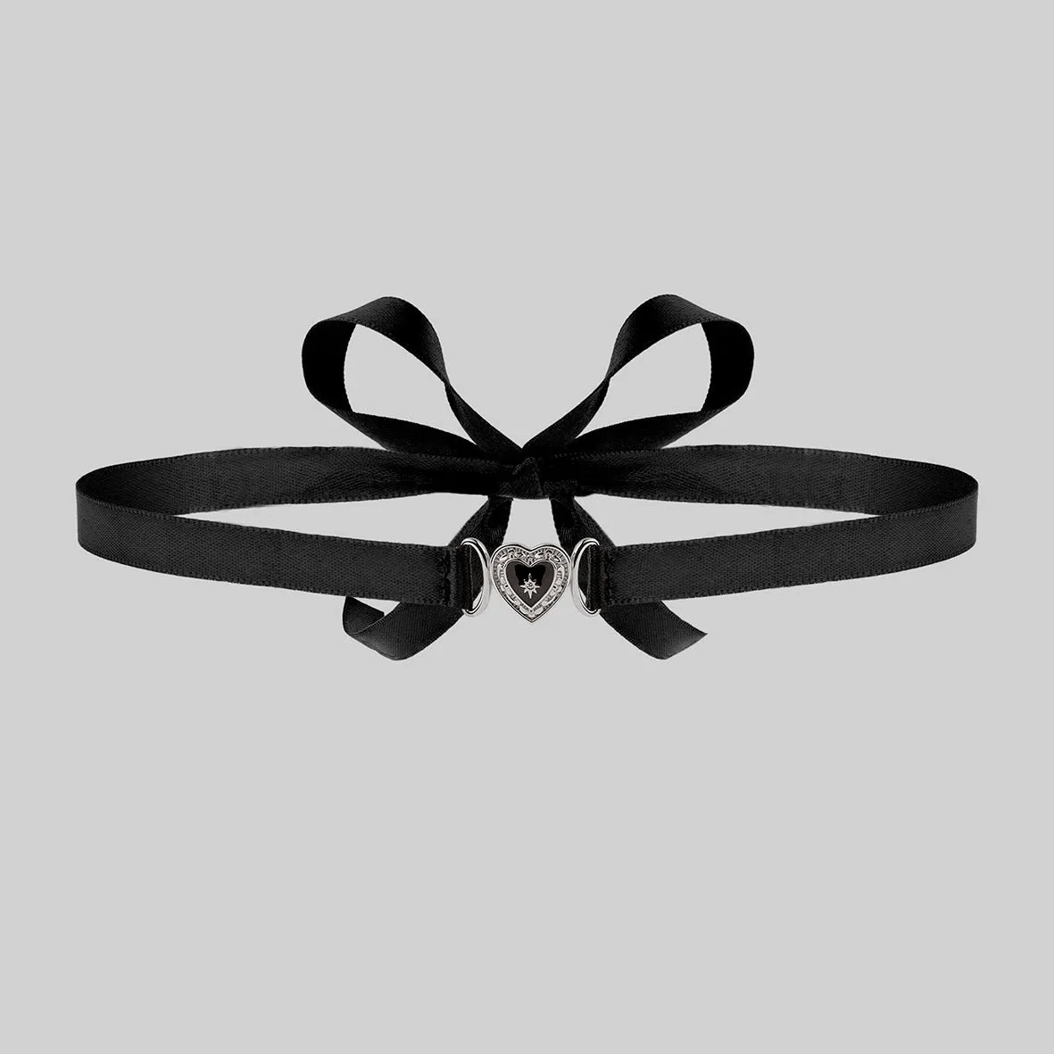 SOLEMN. Black Enamel Heart Satin Choker - Silver