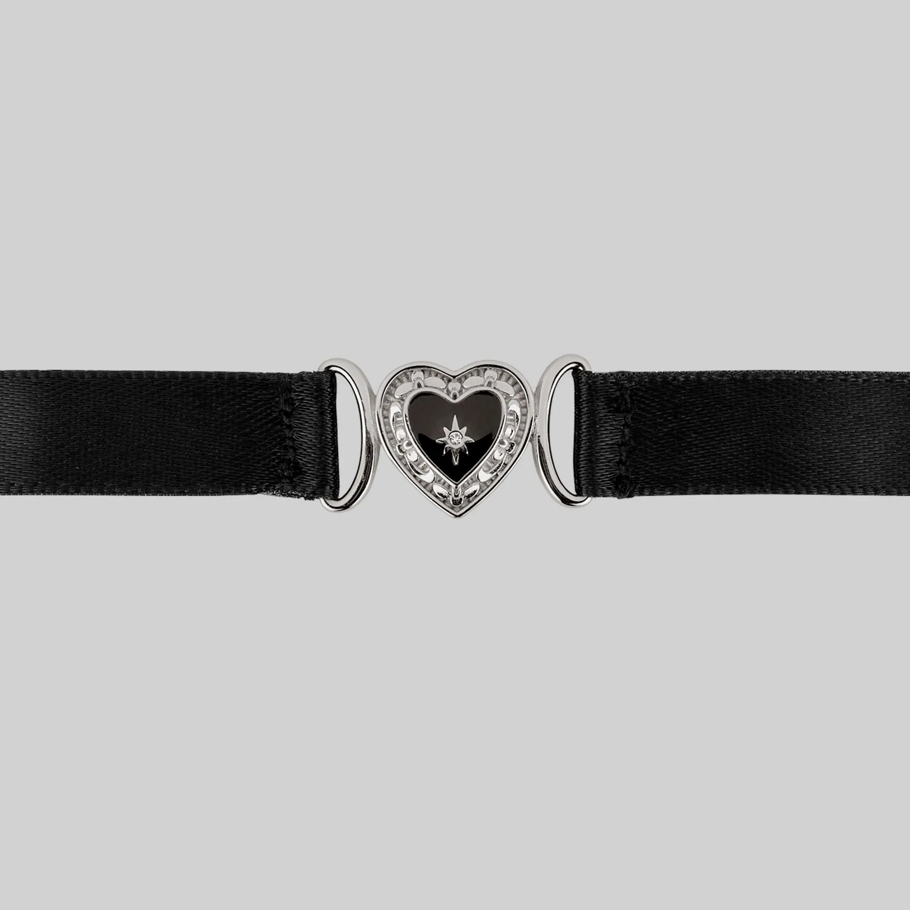 SOLEMN. Black Enamel Heart Satin Choker - Silver