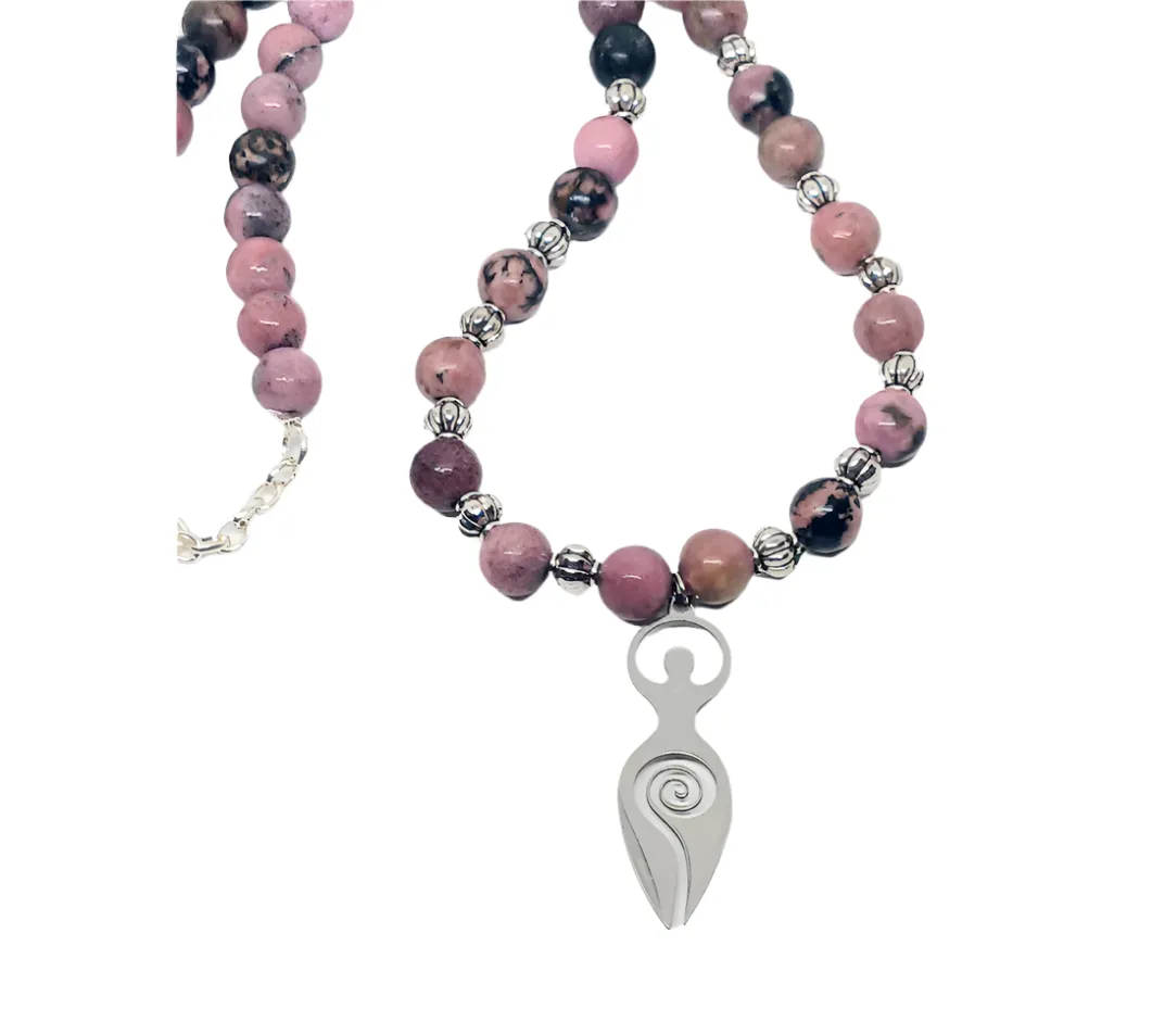 Stainless Steel Goddess Necklace with Rhodonite Crystal