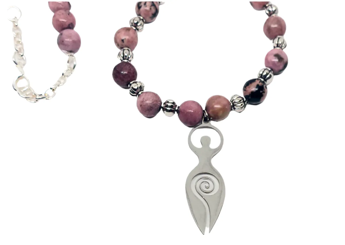 Stainless Steel Goddess Necklace with Rhodonite Crystal