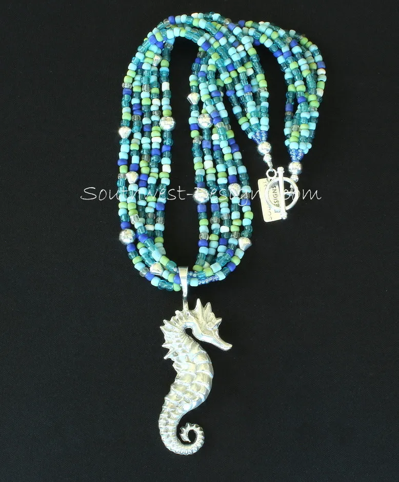 Sterling Silver Seahorse Pendant with 5 Strands of Indonesian Glass, Sterling Silver Beads and Sterling Toggle Clasp