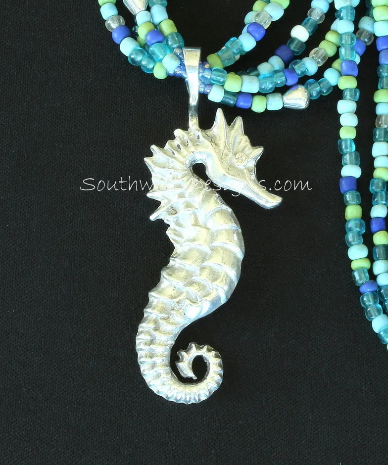 Sterling Silver Seahorse Pendant with 5 Strands of Indonesian Glass, Sterling Silver Beads and Sterling Toggle Clasp