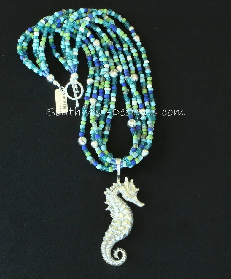 Sterling Silver Seahorse Pendant with 5 Strands of Indonesian Glass, Sterling Silver Beads and Sterling Toggle Clasp