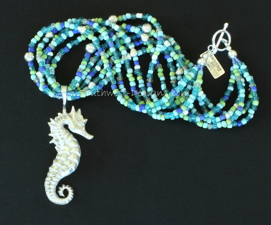 Sterling Silver Seahorse Pendant with 5 Strands of Indonesian Glass, Sterling Silver Beads and Sterling Toggle Clasp