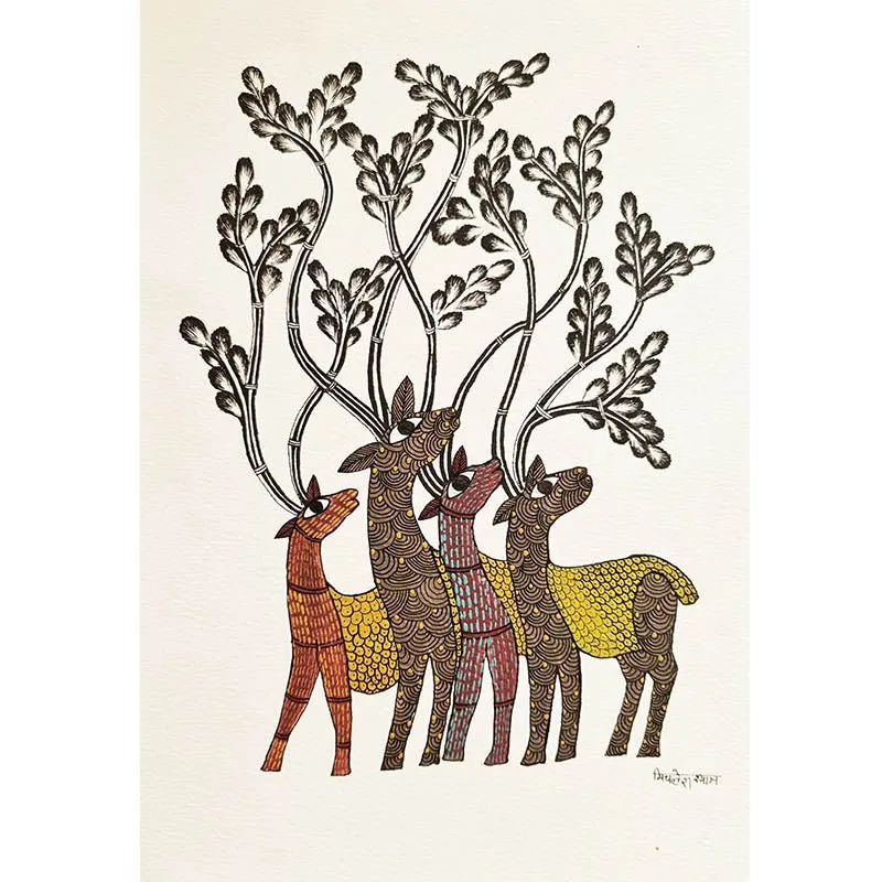 Traditional Tribal 'Herd of Deers' Original Painting