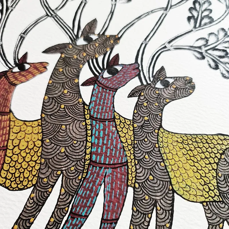 Traditional Tribal 'Herd of Deers' Original Painting