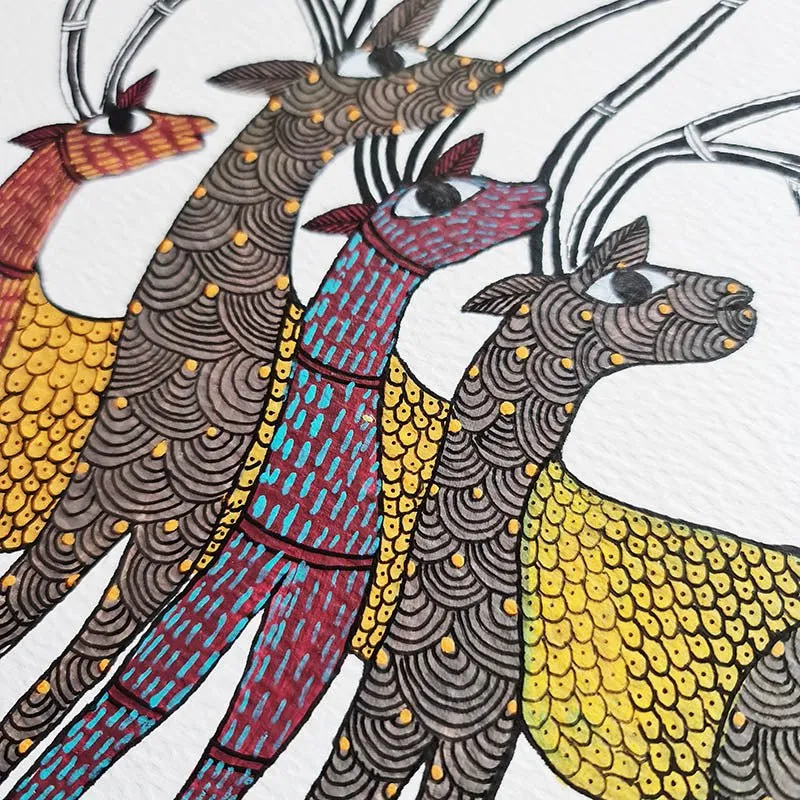 Traditional Tribal 'Herd of Deers' Original Painting