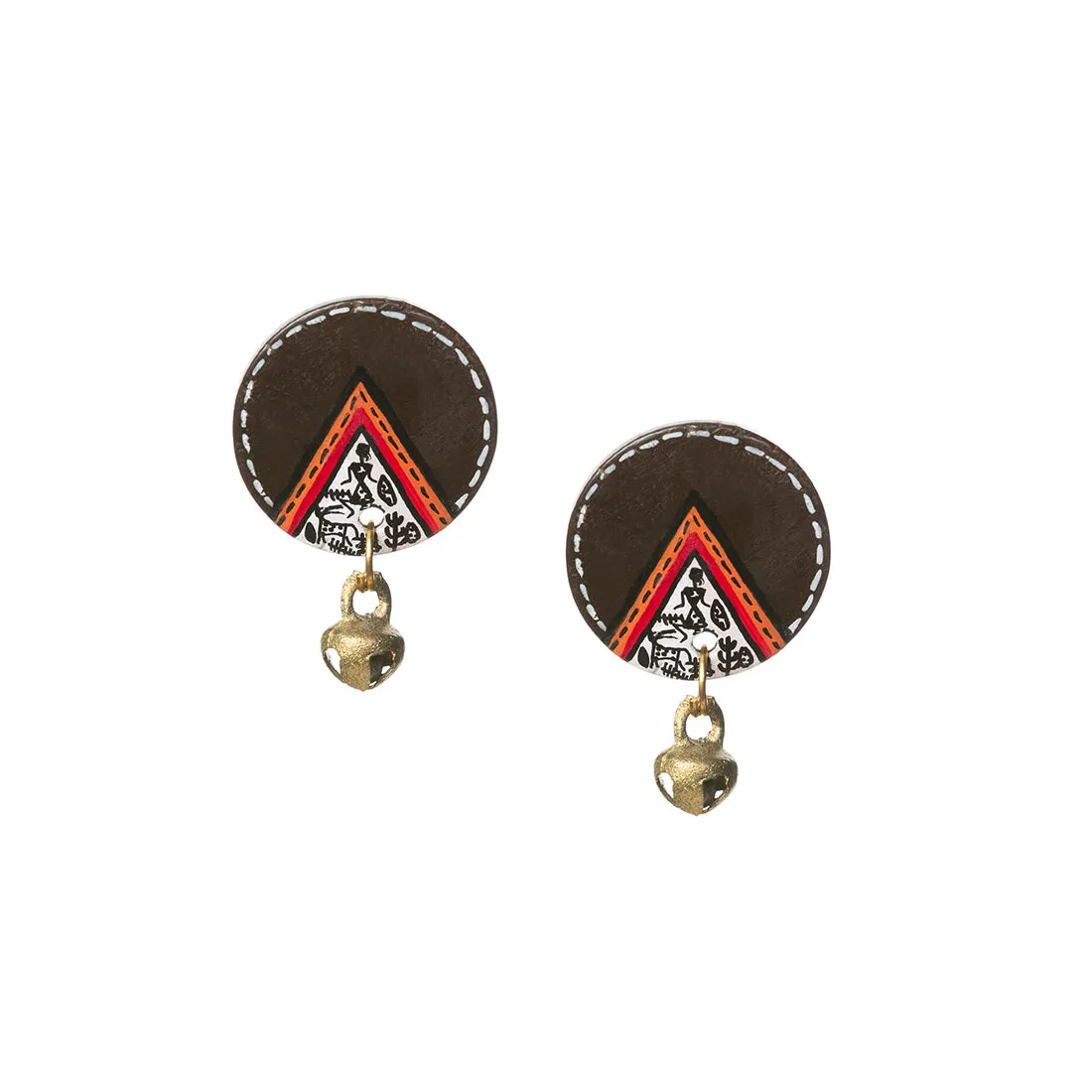 'Tribal Coconut Warli' Bohemian Earrings Hand-painted In Warli Art (Coconut Shell, 3.6 cm)