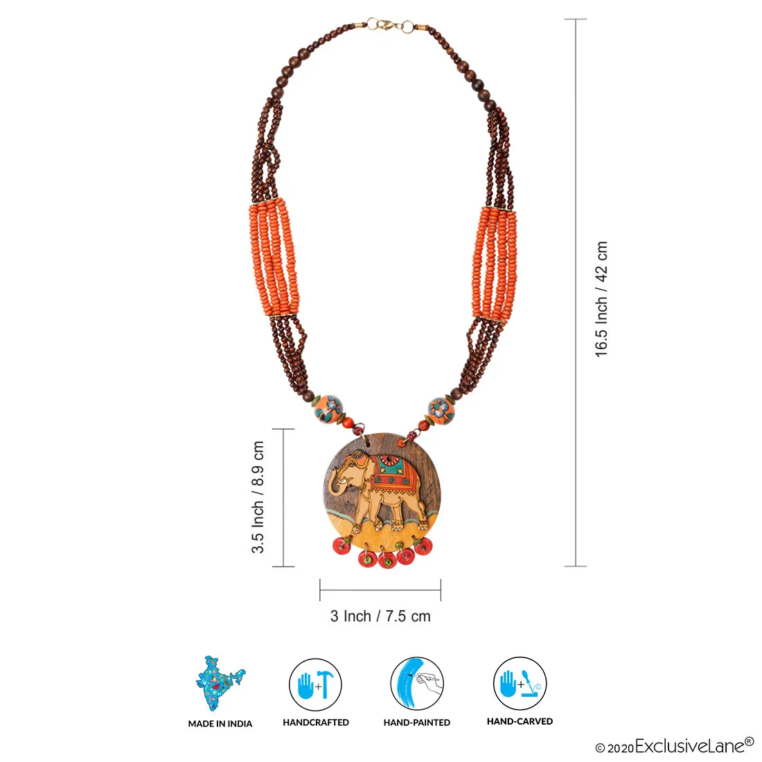 'Tribal Elephant' Hand-painted Bohemian Necklace (Teak Wood, Opera)