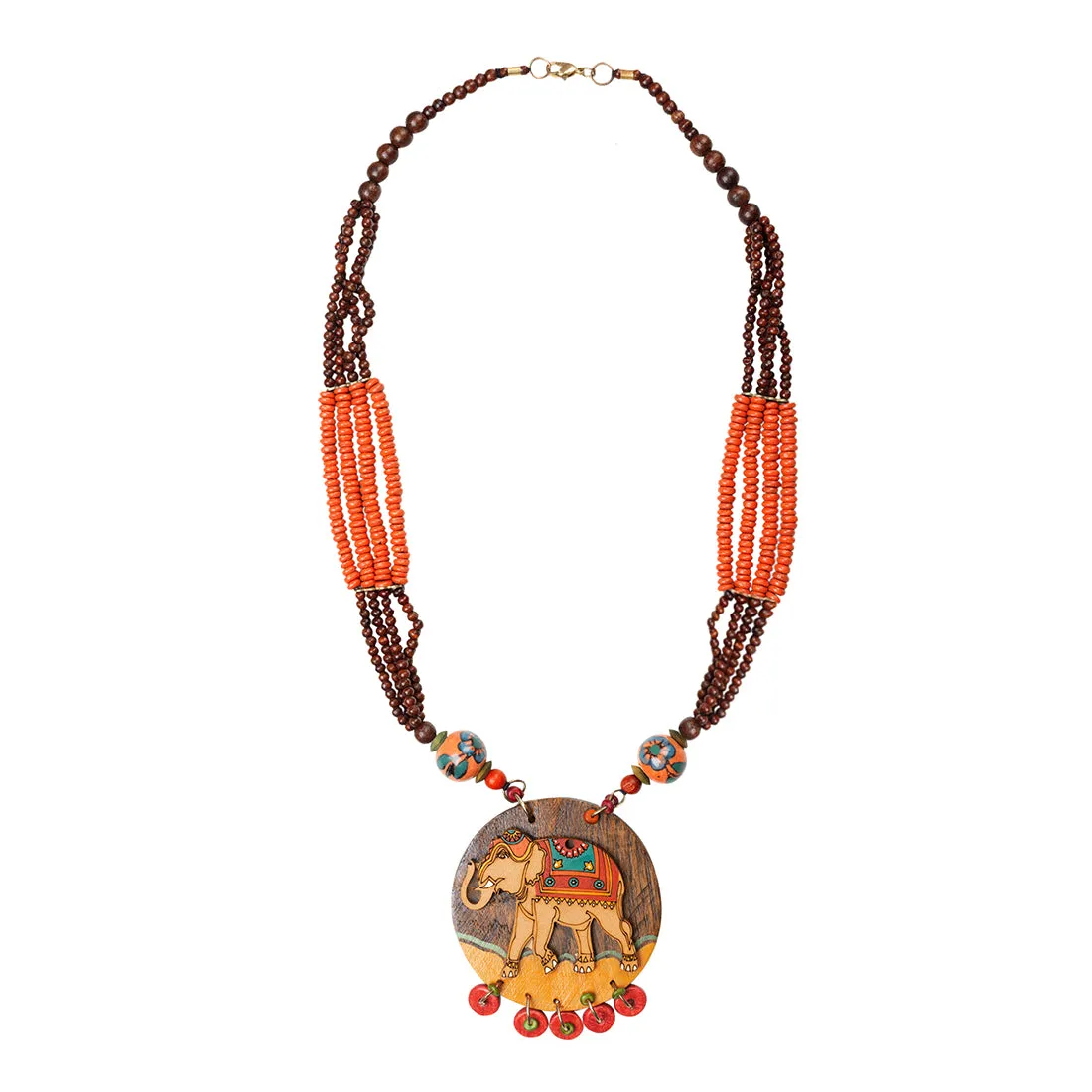 'Tribal Elephant' Hand-painted Bohemian Necklace (Teak Wood, Opera)