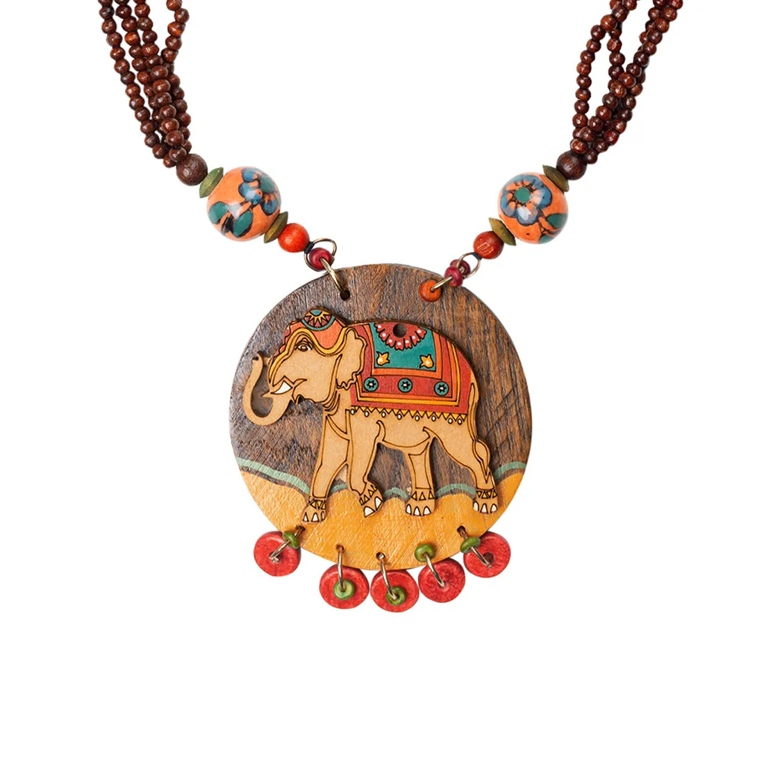 'Tribal Elephant' Hand-painted Bohemian Necklace (Teak Wood, Opera)