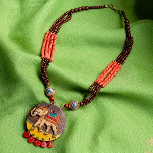 'Tribal Elephant' Hand-painted Bohemian Necklace (Teak Wood, Opera)