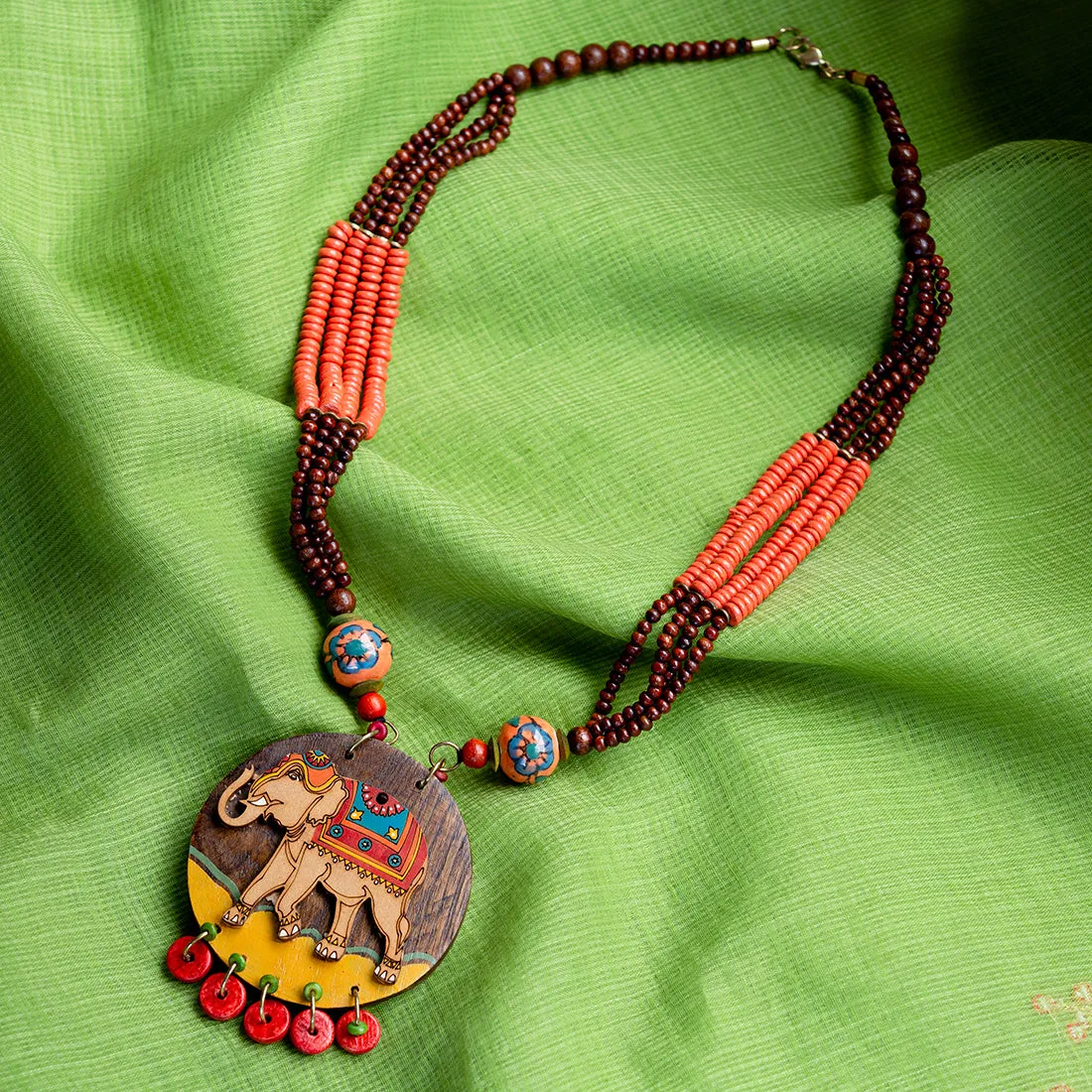 'Tribal Elephant' Hand-painted Bohemian Necklace (Teak Wood, Opera)