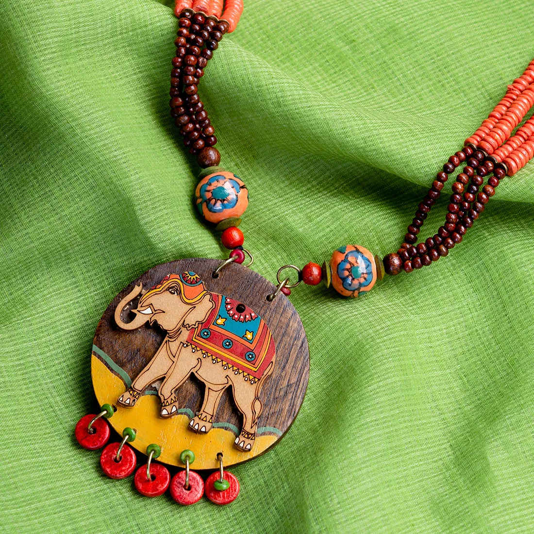 'Tribal Elephant' Hand-painted Bohemian Necklace (Teak Wood, Opera)