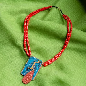 'Tribal Peacock' Hand-Painted Bohemian Necklace (Teak Wood, Matinee)