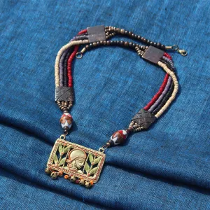 'Tribal Queen Carved' Bohemian Brass Necklace Handcrafted In Dhokra Art (Matinee)