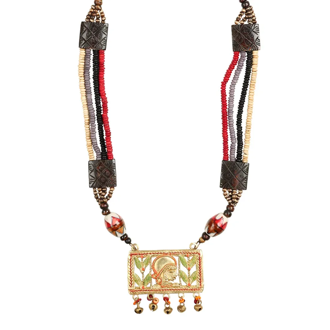 'Tribal Queen Carved' Bohemian Brass Necklace Handcrafted In Dhokra Art (Matinee)