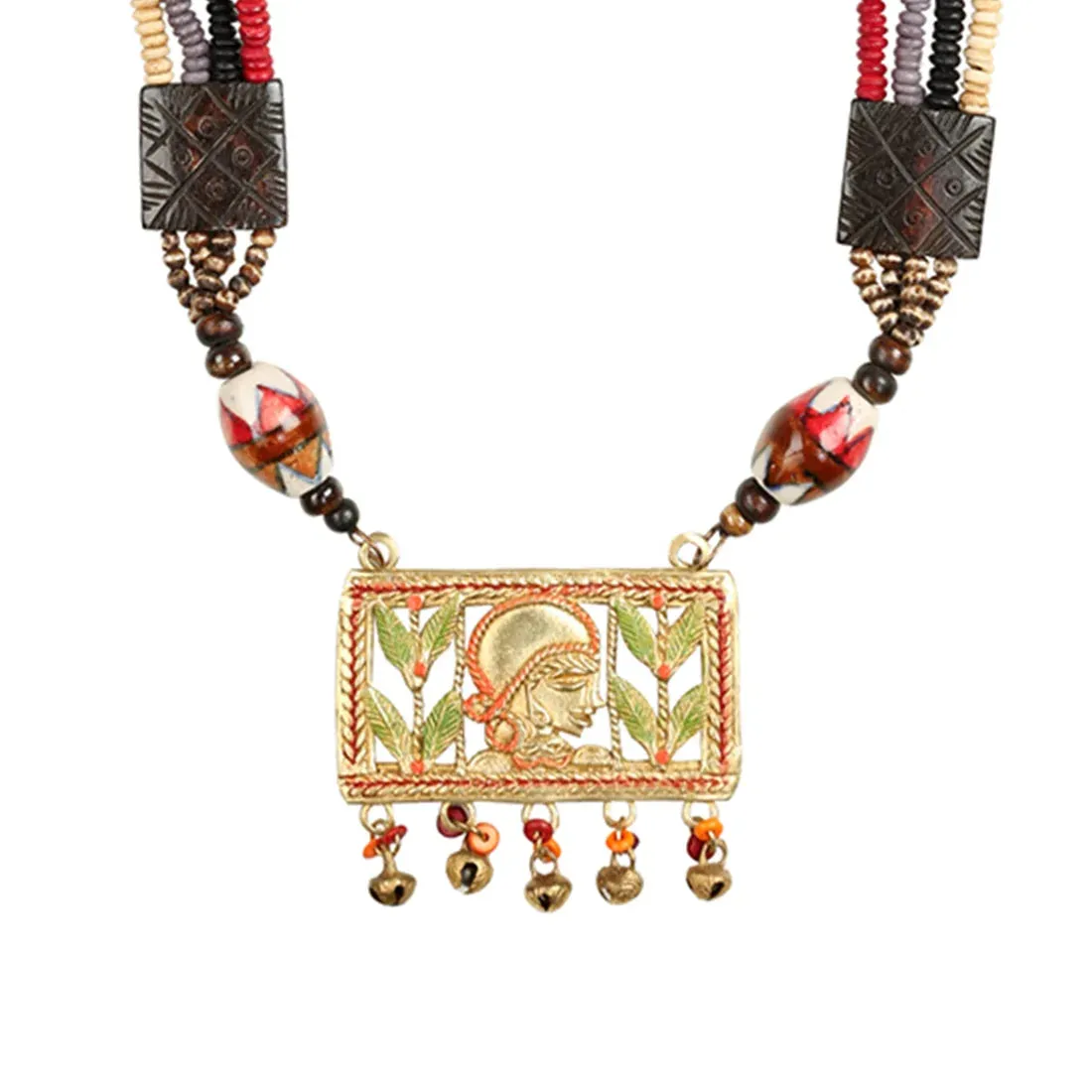 'Tribal Queen Carved' Bohemian Brass Necklace Handcrafted In Dhokra Art (Matinee)