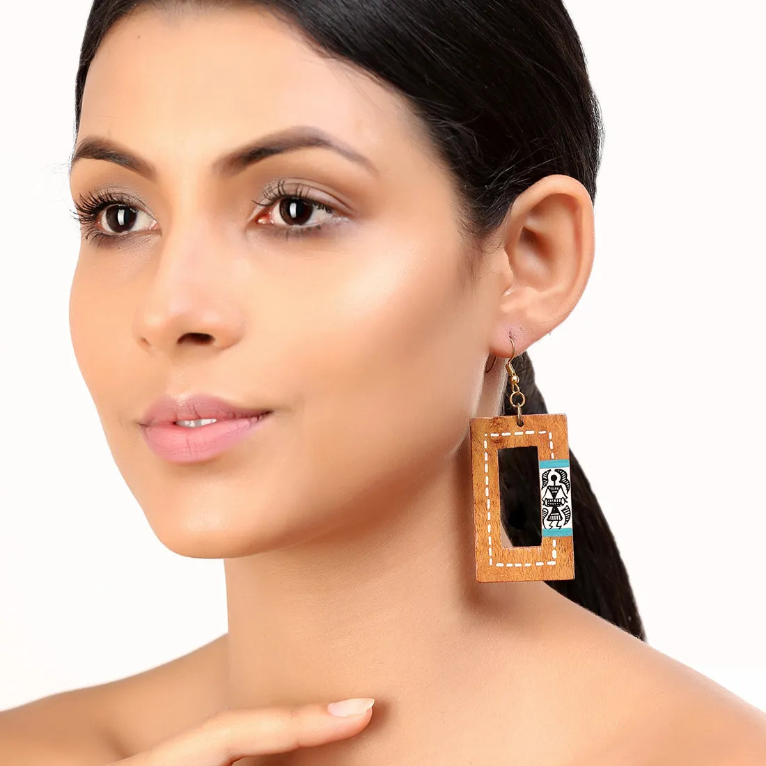 'Tribal Warli Danglers' Bohemian Earrings Hand-painted In Warli Art (Sheesham Wood)