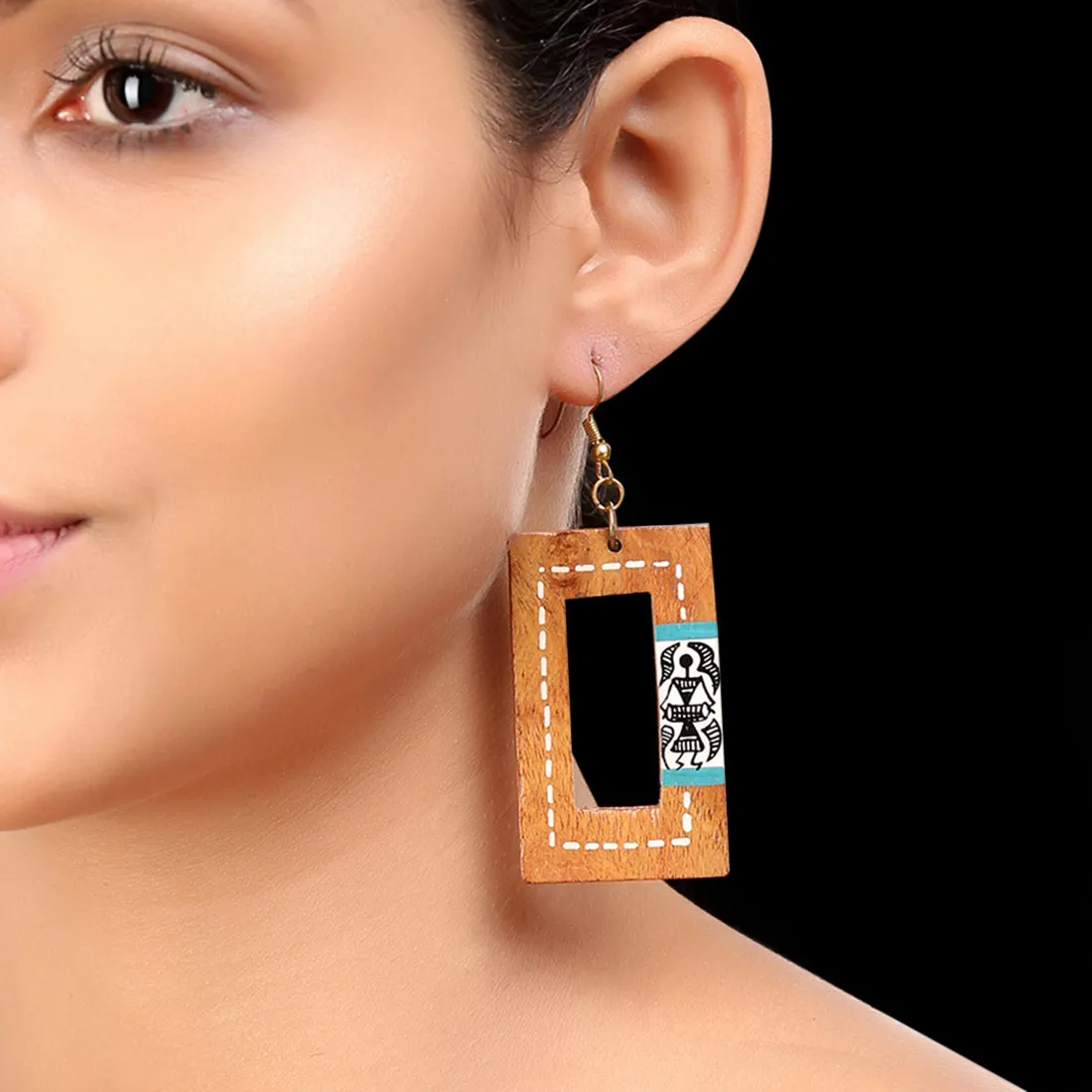 'Tribal Warli Danglers' Bohemian Earrings Hand-painted In Warli Art (Sheesham Wood)