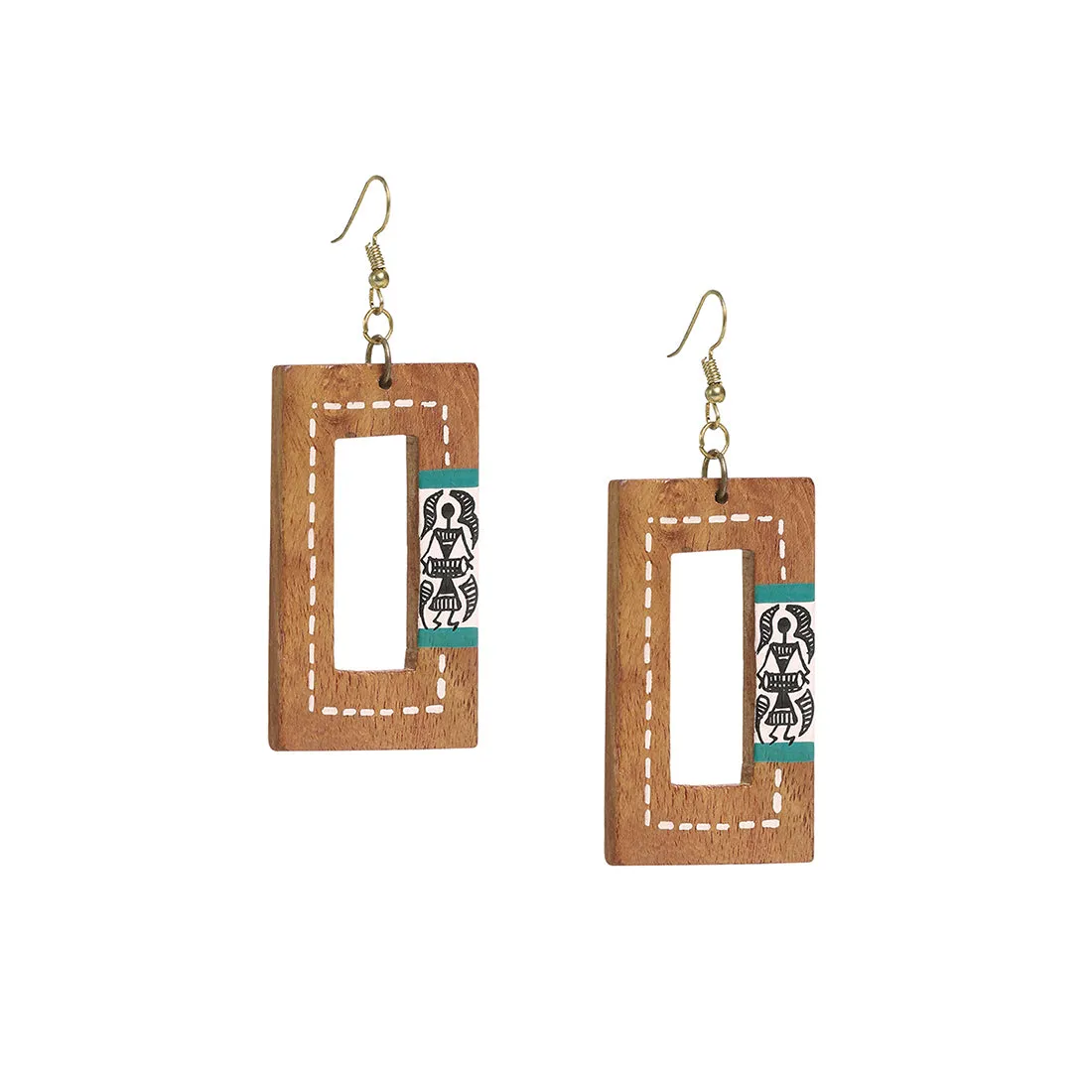 'Tribal Warli Danglers' Bohemian Earrings Hand-painted In Warli Art (Sheesham Wood)