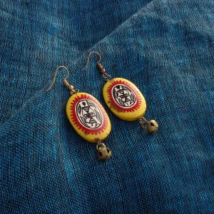 'Tribal Warli Ovates' Bohemian Resin Earrings Hand-painted In Warli Art (Amber Yellow & Red)