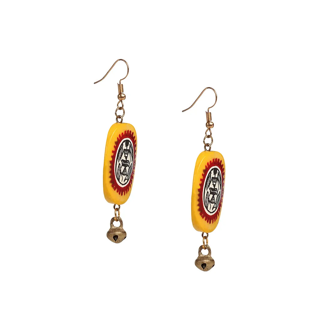 'Tribal Warli Ovates' Bohemian Resin Earrings Hand-painted In Warli Art (Amber Yellow & Red)