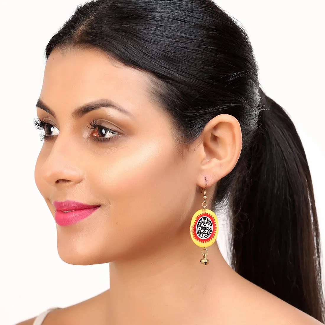 'Tribal Warli Ovates' Bohemian Resin Earrings Hand-painted In Warli Art (Amber Yellow & Red)